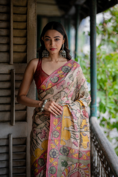 Multi Color Floral & Figure Motif Organic Dye Kalamkari Saree - BBS37